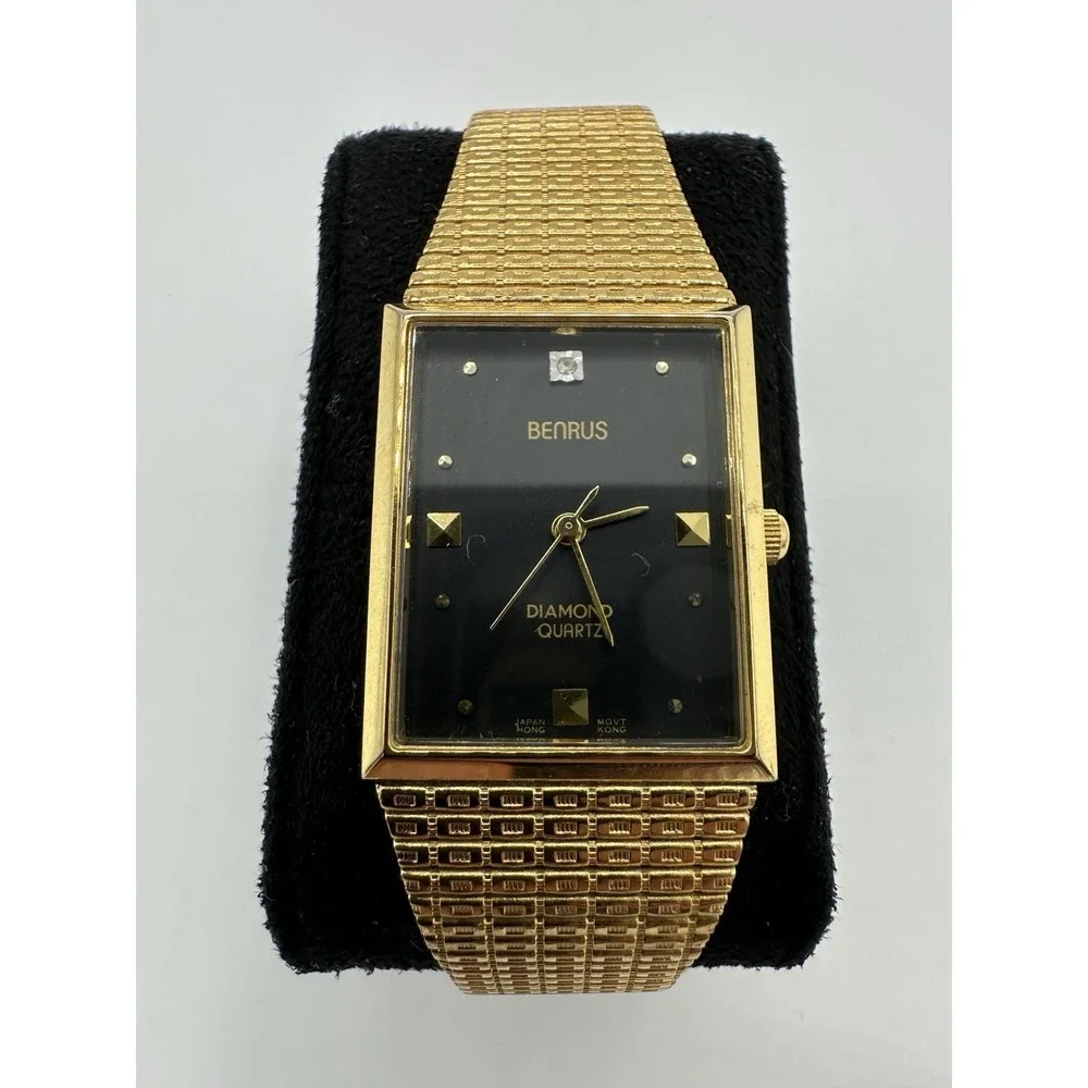 Vintage Benrus Diamond Quartz Gold Tone Square Watch Mens Japan Movt